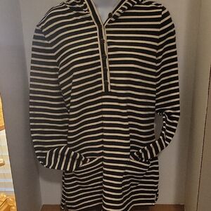 Charter Club Black & White Striped Pullover Relaxed Hooded Top